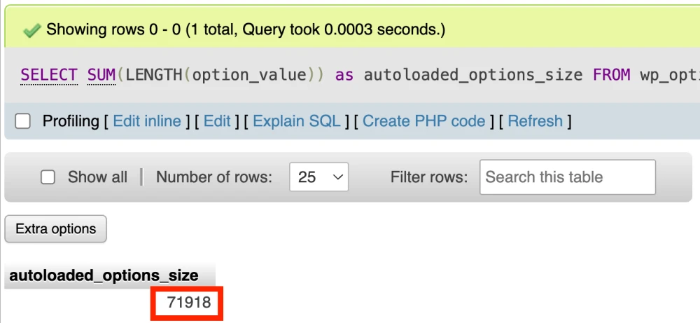 An image showing the size of the autoloaded options of wp_options in phpMyAdmin