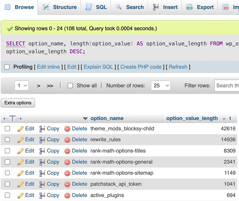 An image showing a list of the autoloaded options of wp_options in phpMyAdmin